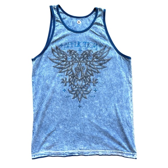 Affliction Mens Small Blue Reversible Gothic Graphic Tank Top - Picture 3 of 8